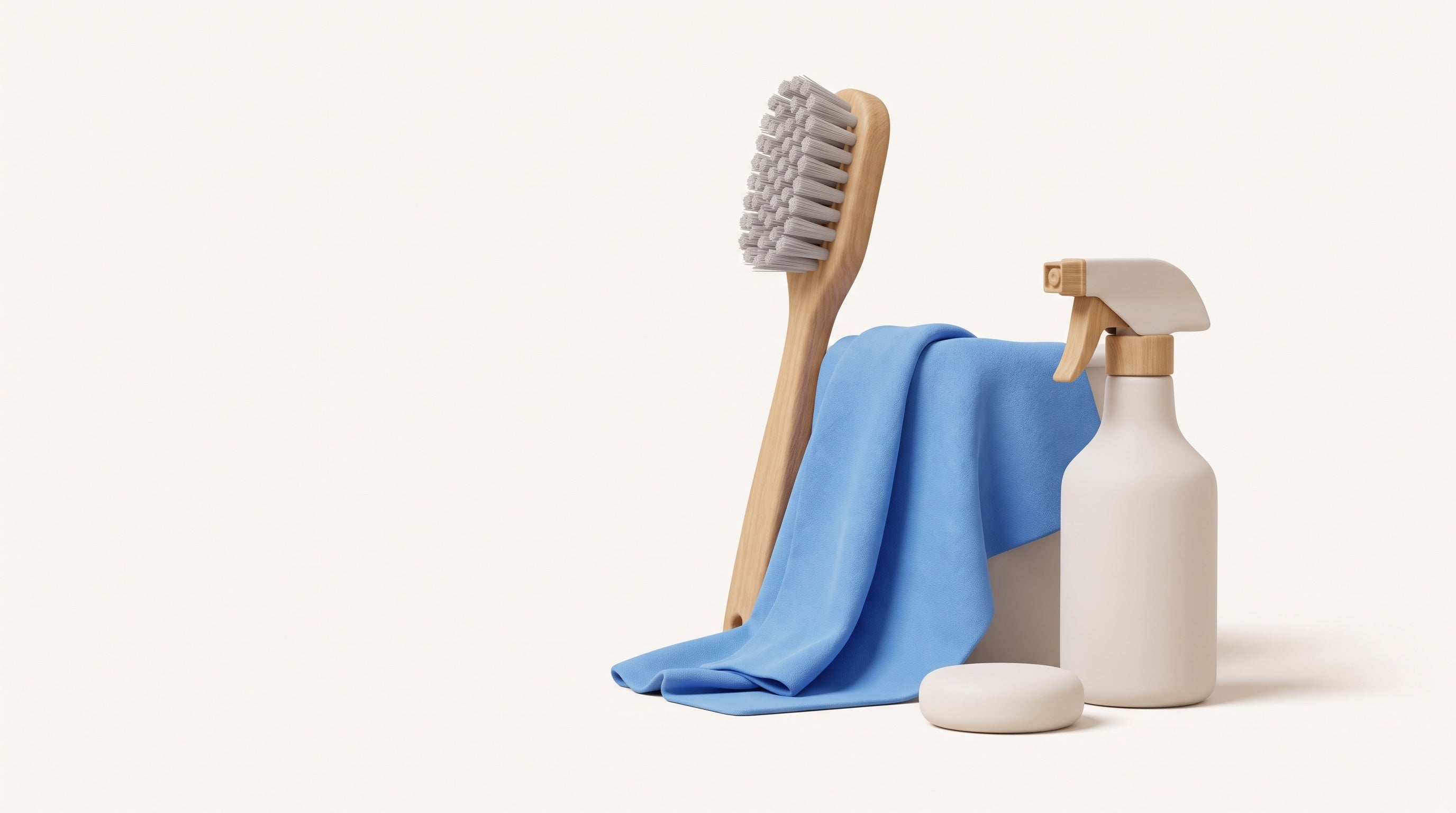 Clay model scrub brush, blue cloth and spray bottle